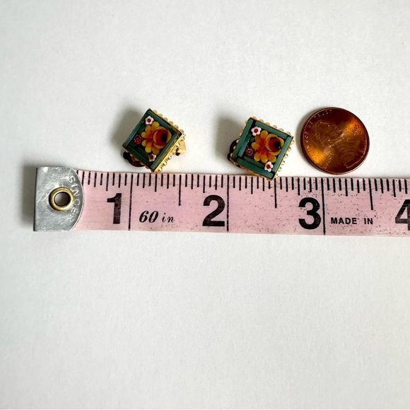 Micro Mosaic Floral Gold Green Clip On Earrings Vintage Romantic Italy Italian - Picture 8 of 9
